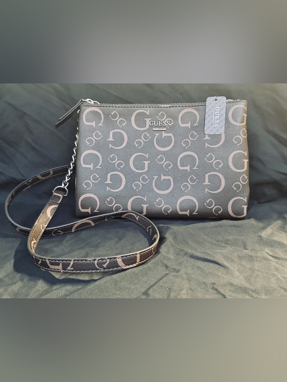 NWT GUESS Kalei Double Zip Crossbody Bag - Natural Brown Signature Logo Purse